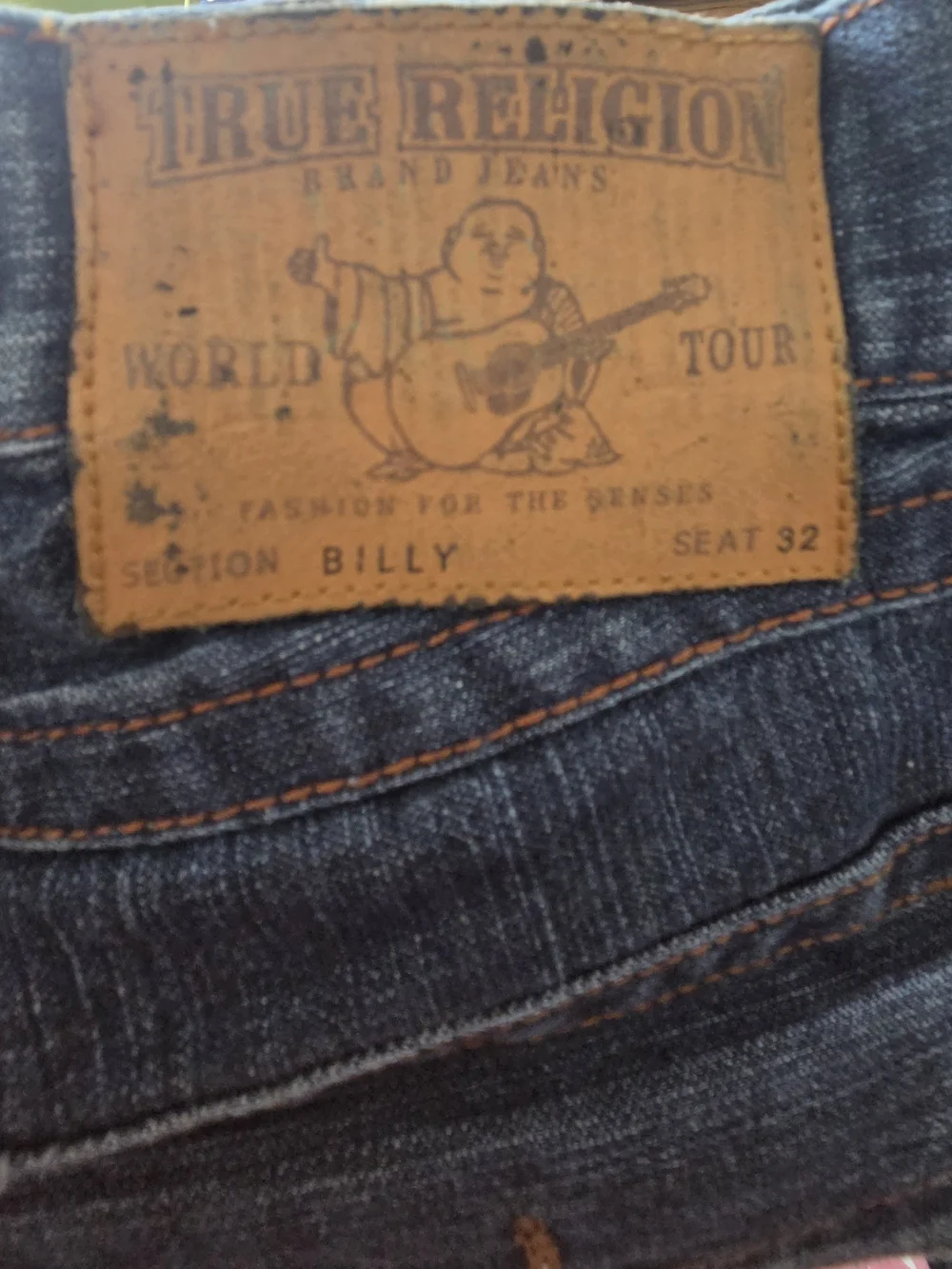 True Religion Men's Blue Denim Jeans with Orange Stitching